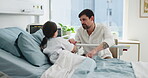 Medical, father or child by hospital bed with support, connection or empathy for patient diagnosis. Healthcare, love or family in clinic with compassion, unity or comfort in operation results.