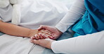 Comfort, holding hands or nurse with child in hospital for healthcare, empathy or trust for wellness. Support, people or pediatric medical professional with sick kid, console or compassion in nursing