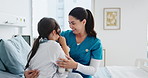 Woman, nurse and smile with child in hospital for reassurance, medical interaction and healing. Healthcare worker, happy and compassion with kid for emotional comfort, guidance and treatment recovery