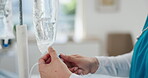 Nurse, hands and iv drip in hospital with liquid for medicine, patient treatment and hydration benefits. Healthcare worker, person and prepare intravenous bag with fluid, antibiotics and nutrients.