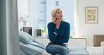 Waiting, thinking and old woman in hospital, diagnosis and reflection with memory. Pensioner, mature patient and person with illness, medical treatment and nervous with anxiety, wonder and checkup