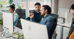 Business men, question and collaboration in office with smile for web design project management. People, employees and computer for communication, coworking and feedback or advice at creative agency