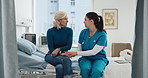 Comfort, holding hands and nurse with old woman on hospital bed for kindness, medical news or help. Healthcare, support and senior patient in clinic for talking, empathy or explain treatment options