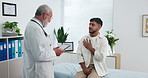 Man, doctor and conversation with tablet in checkup for medical assessment, diagnosis or prescription. Male physician, tech and person with communication for consultation, help or advice in clinic