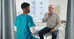 Clinic, nurse and throat pain with senior man for checkup, consultation and discussion for healthcare. Hospital, communication and elderly patient with question for advice with injury and recovery