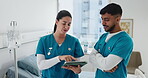 Nurses, advice and communication with tablet in hospital for workflow schedule, surgery plan or update. Healthcare, team and people with digital tech for medical results, treatment options or opinion