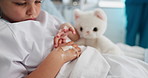 Sad girl, child or drip with hospital bed for chronic illness, disease or recovery in clinic. Sick, kid or hands with IV therapy, nutrition or immune booster for medical cure, diagnosis or medication