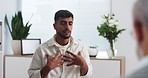 Client, man and consultation with therapist for counseling, mental health advice or support. Psychology, patient and person in session for therapy feedback, listening and talking for help in office