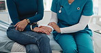 Support, holding hands and nurse with woman in clinic for diagnosis, medical news or help. Healthcare, comfort and sick patient on hospital bed for talk, empathy and kindness with understanding