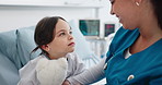 Happy, woman and nurse with child in hospital for checkup, medical reassurance and surgery. Healthcare worker, talking and kid with teddy bear for emotional comfort, operation guidance and treatment