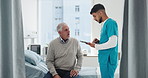 Checkup, old man and nurse in hospital, tablet and conversation with treatment plan. Medical service, mature patient or professional in clinic, tech and discussion with healthcare, app or appointment