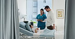 Medical, parent and child in hospital bed with checkup, consultation or treatment update in recovery. Healthcare, kid and doctor in clinic with tablet, examination or feedback in surgery report.