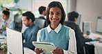 Happy woman, face and coordinator with tablet in agency for company management in office. Portrait, female person or project manager with smile on technology for performance review in workplace