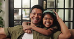 Dad, girl and face with smile on sofa, home and bonding with love, hug and connection in lounge. People, father and child with embrace, smile and portrait in living room at family house in Malaysia