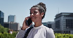 Phone call, talking and business woman in city for conversation, discussion and networking. Morning commute, professional and person on smartphone for connection, negotiation and contact in town