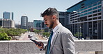 Walking, employee and man with smartphone, city and commuting to work, lawyer or message on website. Outdoor, travel and person with mobile for legal evidence, online and attorney with case updates