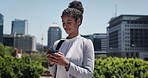Phone, professional and businesswoman in city for communication, typing or email on mobile app. Technology, connectivity and female corporate employee with cellphone for texting online in urban town.