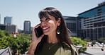 Phone call, happy and business woman in city for conversation, discussion and networking. Morning commute, travel and professional person on smartphone for connection, talking and contact in town