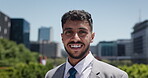 Smile, face and business man in city for real estate developer, pride and commute. Travel, property valuation and urban realtor with person outdoor for opportunity, confidence and agent about us