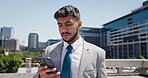 Walking, employee and man with smartphone, city and commuting to work, lawyer and serious with tech. Outdoor, travel and person with mobile for legal evidence, online and attorney with case updates