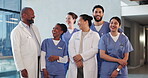 Team, solidarity and laughing with doctors in hospital for diversity, joke or medical community. Collaboration, healthcare support and funny with group of people in clinic for meeting and pride