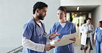 Nurse, team and folder in hospital with discussion, patient info and called to medical staff meeting. Healthcare worker, people and talk with paperwork, schedule and walking to professional briefing.