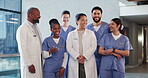 Team, diversity and laughing with doctors in hospital for solidarity, joke or medical community. Collaboration, healthcare support and funny with group of people in clinic for meeting and pride
