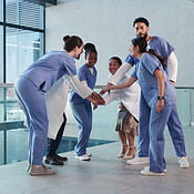 Applause, hand stack and healthcare with medical people in hospital for ...
