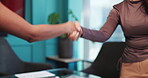 Business people, handshake and b2b partnership in meeting for corporate discussion or proposal. Shaking hands, women and interview in office for welcome, collaboration and onboarding at company