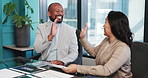 Business, people and meeting with high five in office for good news, finance deal and collaboration. Staff, tablet and team success for financial proposal, budget approval and investment achievement