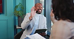 People, meeting and tablet with high five in office for good news, finance deal and data analysis. Staff, documents and team success with financial stats, profit increase and investment achievement
