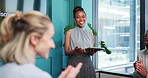 Applause, success and tablet with woman speaker in office for personalization vs privacy workshop. App, meeting and review with business people clapping in boardroom for discussion of user experience