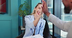 High five, documents and business people in office with celebration for investment proposal approval. Happy, paperwork and team of financial advisor with client for good review on finance report.