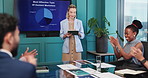 Meeting, applause and presentation with business woman in office for content marketing, discussion and chart. Planning, support and creative director with employees in agency for advertising campaign