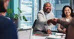 Meeting, handshake and applause with business people in office for collaboration, discussion and contract. Shaking hands, success and creative director with employees for advertising campaign