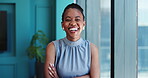 Face, woman and laughing with arms crossed in office for recruitment, job opportunity and integrity. HR manager, black person and happy at workplace for talent acquisition, career pride and about us