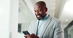 Business, phone call and black man in office, smartphone and smile with message to contact. African person, internet and employee in workplace, cellphone and digital app for communication or texting