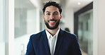 Man, face and happy at office in corridor with pride, confidence and career at finance company. Person, broker or advisor in portrait with smile for asset management, investing and job in Colombia
