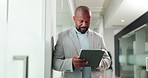 Mature man, tablet and smile with scroll at office, notification or deal for real estate project. African person, realtor and property developer with tech, app and happy with proposal in corridor