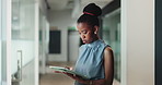 African woman, tablet and scroll at office, review and investment portfolio at finance company. Person, advisor or broker with typing report, consulting or feedback for asset management at agency
