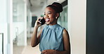 Business, black woman and phone call conversation at workplace for trial negotiation, litigation and attorney. Communication, legal contact or female counsel for civil lawsuit with mobile at law firm