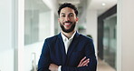 Face, business man or happy with arms crossed in office for legal aid, litigation management or pride. Lawyer, employee and smile at law firm for justice, career confidence and professional service