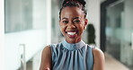 Face, black woman or project manager with smile in office, confident or corporate career in hallway. Portrait, quality assurance or happy director with job opportunity, resource management or pride