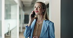 Business woman, smartphone for call and conversation with trial negotiation, happy with litigation and attorney at office. Communication, legal contact or female counsel with mobile chat at law firm