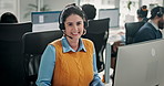 Call center, office and face of woman with headset for online help, consulting and customer service. Professional, happy and portrait of person with confidence for communication, contact us and crm