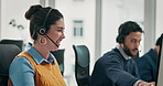 Woman, consultant and talking with headset at call center for communication, online advice or help. Female person, agent or employee with mic on technology for virtual assistance, hotline or CRM