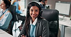 Face, woman and headset with arms crossed in call center for customer service, assistance and help desk. Portrait, advisor and coworking with ambition, contact us and confidence for technical support
