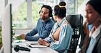 Computer, question and training with business people in call center for system integration or orientation. Advice, contact us and conversation with headset for customer service office and support