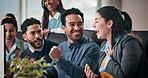 Business people, celebration and fist pump in office with applause for web design project. Men, women and computer for good news, coworking and positive feedback or approval at creative agency