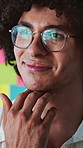 Sticky note, think or happy man planning in creative agency, design ideas or decision making for brand logo. Reflection, trend insight or designer with project development, glasses or problem solving